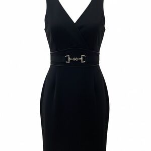 White House Black Market Black Sheath Dress Size 2 Gold Horsebit Waist V Neck